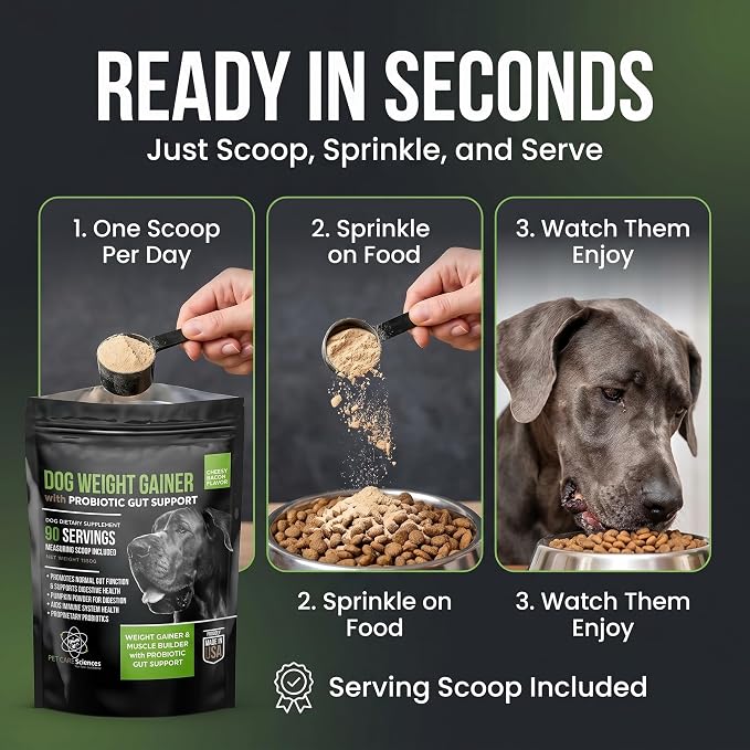 Dog Weight Gainer with Probiotic Gut Support - Weight Gain Supplements for Dogs - Canine and Dog Muscle Builder - 90 Servings - Made in The USA