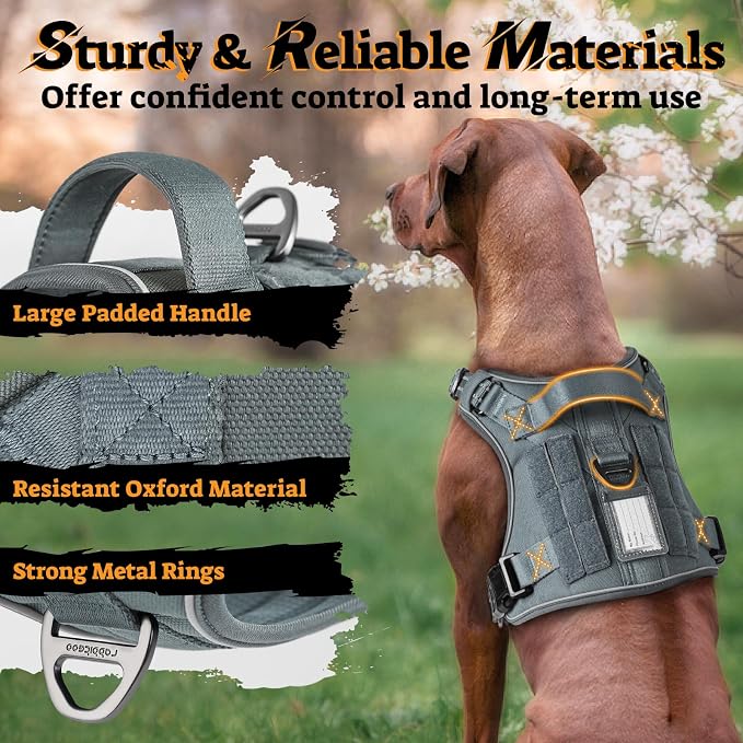rabbitgoo Tactical Dog Harness for Large Dogs, No Pull Service Pet Vest | Military Molle System & Easy Control Handle, Adjustable and Reflective for Walking and Training, Grey, X-Large