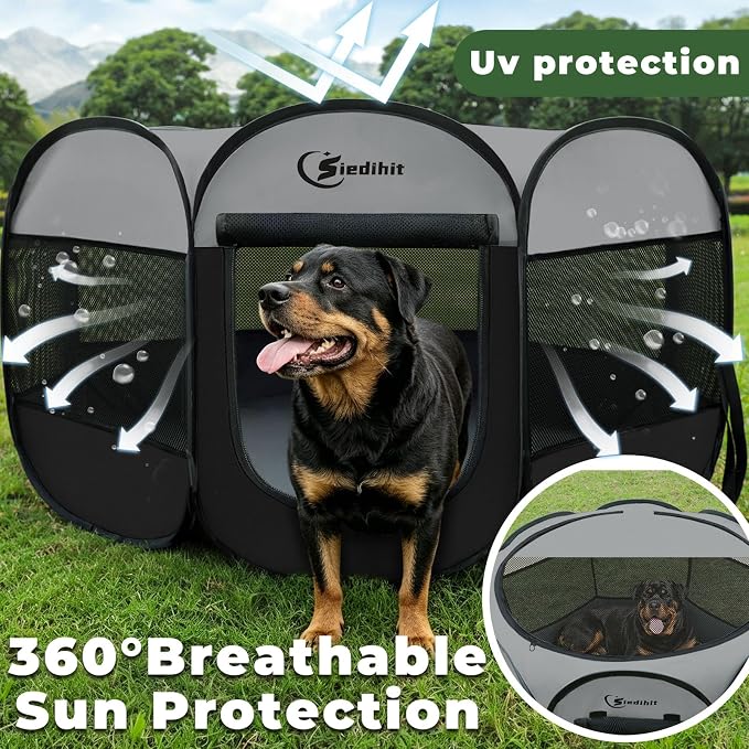 Siedihit Playpen for Extra Large Dog Cat, Dogs Tent Crate Cage Indoor/Outdoor, Portable Pop Up Dog Kennel with Carrying Bag for Rabbits, Removable Top (Dark Grey, Extra Large)