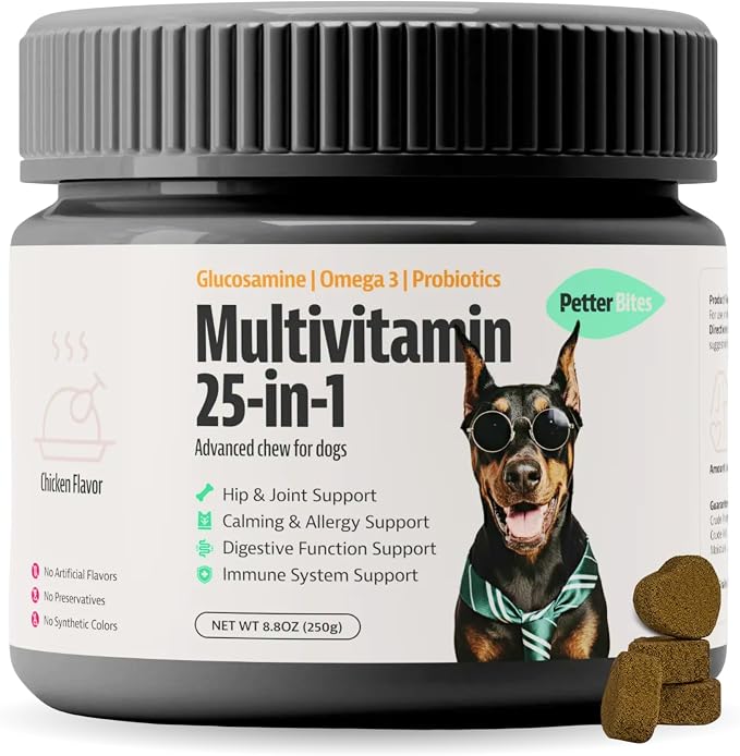 25-in-1 Dog Multivitamin (100 Chews) - Joint, Skin & Coat, Digestive, Immune & Calming Support - Daily Human Dog Vitamins with Glucosamine, Probiotics & Omega 3 - Chicken Flavor