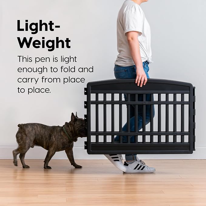 IRIS USA Dog Playpen with Door, 24” 6 Panel Pet Exercise Pen – Indoor Outdoor Puppy Play Pen, Portable Plastic Pet Fence for Small Medium Dogs, Foldable 61” x 61” x 24”, Black