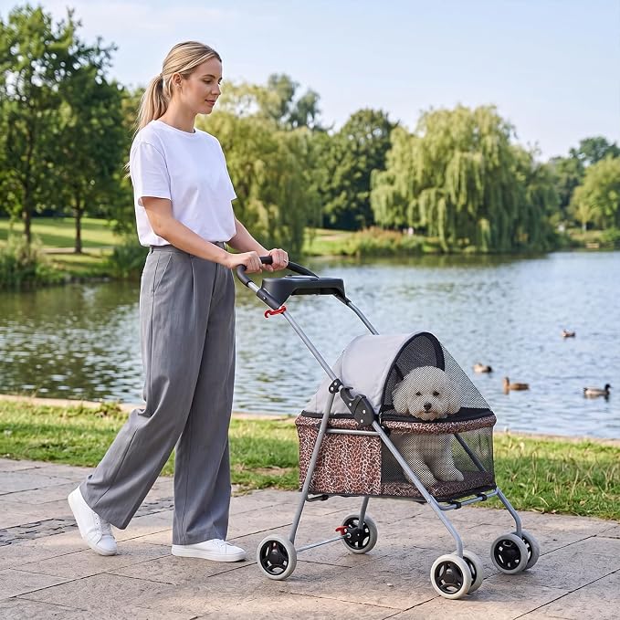 BestPet 4-Wheel Foldable Pet Stroller - Leopard Skin, up to 33lbs
