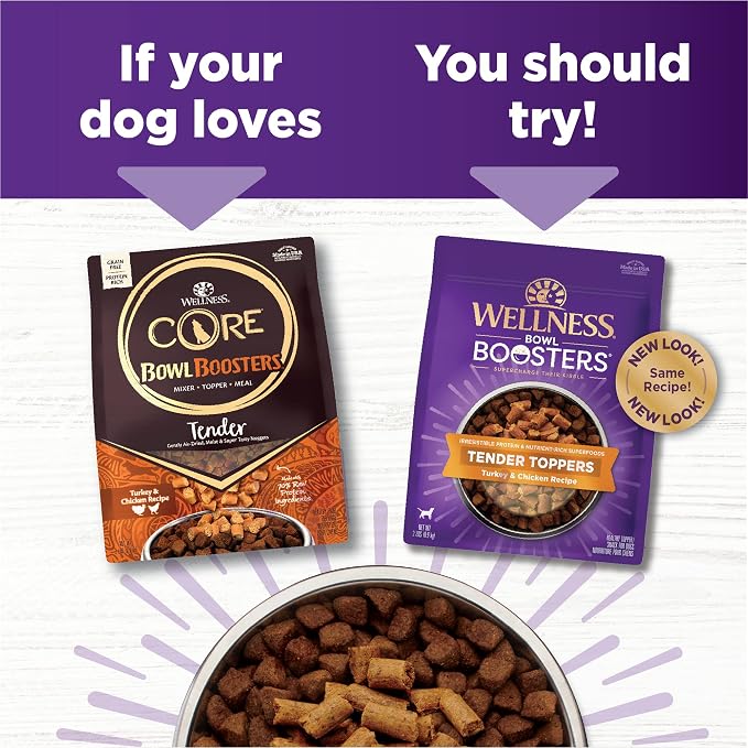 Wellness Bowl Boosters Tender Toppers Dog Food Topper for Small, Medium, and Large Breeds, Grain Free, Natural, Turkey and Chicken Recipe, 2 lb Bag