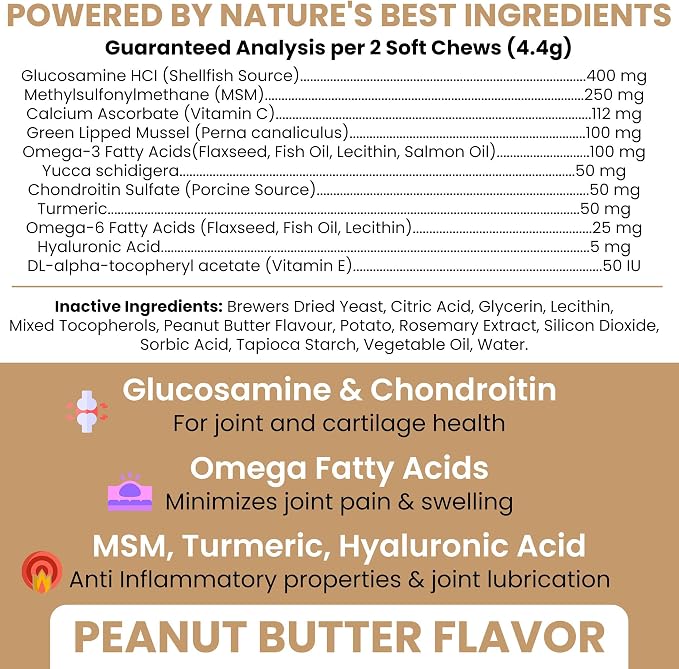 Glucosamine for Dogs Hip and Joint Supplement, 60 Peanut Butter Soft Chews