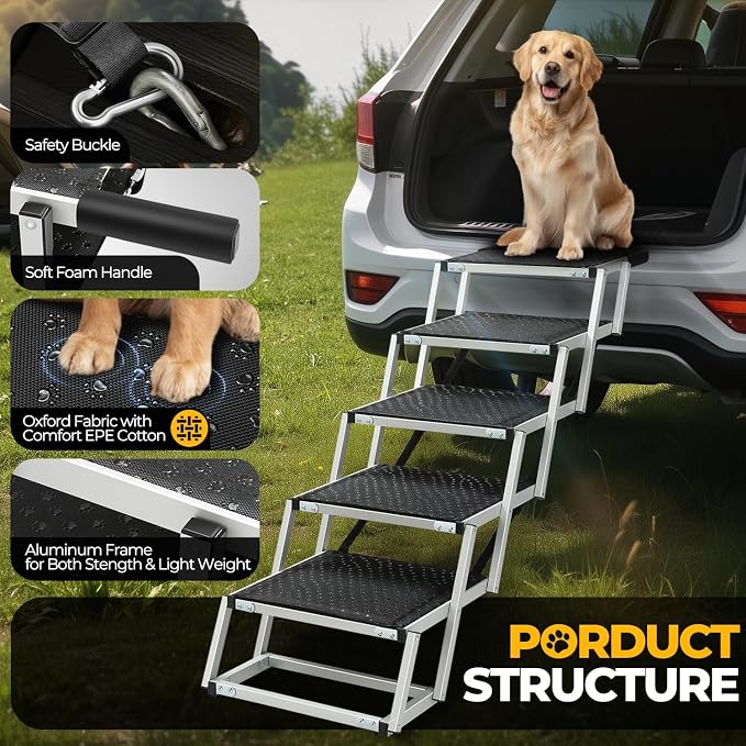 Auto Dynasty Dog Stairs for Large Dogs, 5 Step Foldable Dog Ramp for Car, Truck and SUV with Non-Slip Surface, Lightweight Pet Stairs Suitable for Sofas and Bed, Supports Up to 150 lbs