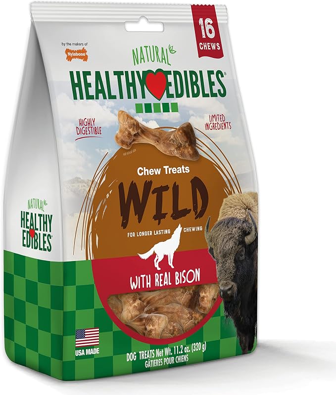 Nylabone Healthy Edibles Wild Natural Dog Chew Treats, Bison Flavor, Small Dogs Up to 20 lbs - Made in USA (16 Count) (Pack of 2)