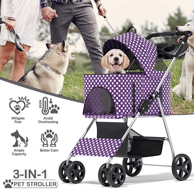 MoNiBloom 3-in-1 Foldable Pet Stroller - Purple Polka Dots, up to 33lbs