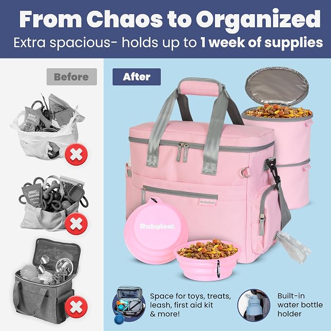 The Original Doggy Bag Dog Travel Kit with Bowls & Food Containers, Light Pink