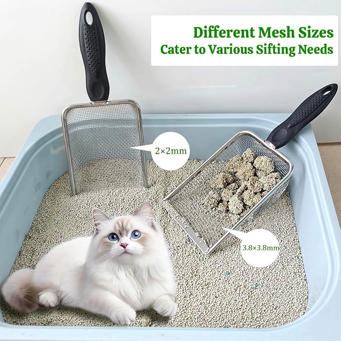 2 Packs Litter Scoop Stainless Steel Mesh Poop Scooper,Metal Litter Box Pooper Scoop Shovel with 2.0mm & 3.8mm Mesh for Dog,Cat,Rabbit,Hamster, Reptile, Sand and Litter Poop Sifter