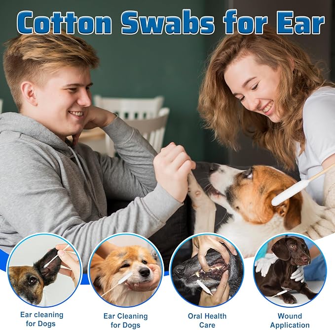 100PCS Long Cotton Dog Ear Swabs Double Sided Dog Ear Swabs 6 Inch Long Cotton Swab Large Double Sided Gentle Lint-Free Clean Wood Buds for Pet Dogs Ears Cleaning Wax Removal