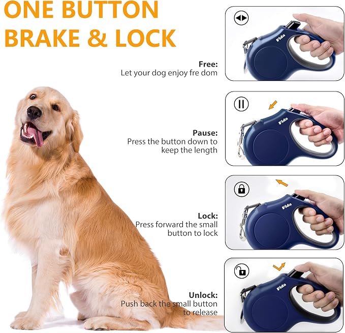 Fida Retractable Dog Leash with Dispenser and Poop Bags, 10 ft Pet Walking Leash for X-Small Dog or Cat up to 18 lbs, Anti-Slip Handle, Tangle-Free, Reflective Nylon Tape (XS, Navy Blue)