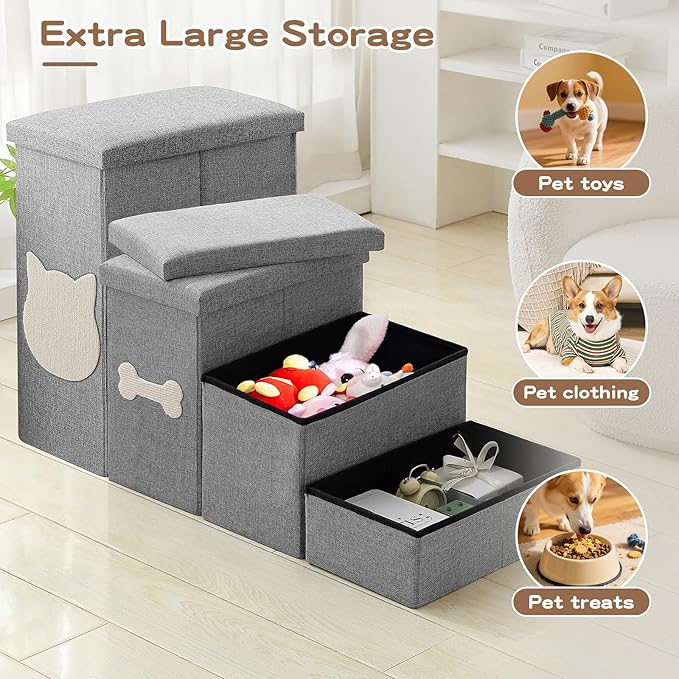 4-Step Wider Dog Steps for Bed 22" H, Foldable Dog Stairs with Storage, Non-Slip Pet Steps for Small Medium Large Dogs, Arthritis-Friendly Pet Stairs for Couch and Car Up to 200 lbs, Grey