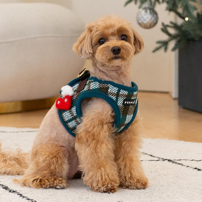 Puppia Festive Vest Dog Harness Step-in Warm Winter Checkered Pattern for Small and Medium Dog, Green, X-Large
