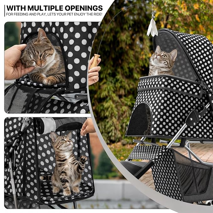 MoNiBloom 3-Wheel Foldable Pet Stroller - Black Polka Dots