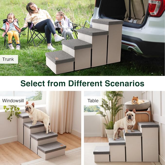 Love's cabin Dog Stairs for Small Medium or Large Dogs with Storage and Adjustable Steps, Foldable Cat Steps for Bed or Couch, 4-Step Gray Folding Ramp with Zip up to 200 lbs, Light Grey