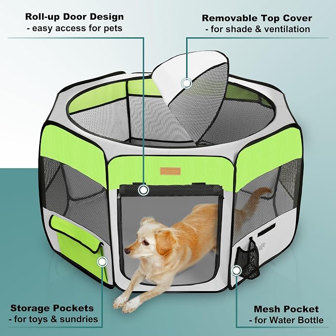 Portable Foldable Dog Playpen - Pet Tent, Green