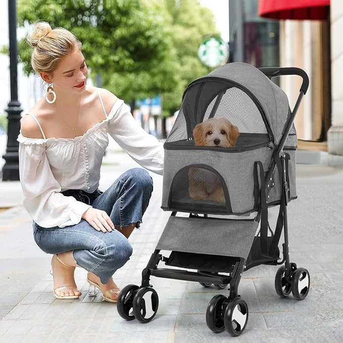 BestPet 4-Wheel Pet Stroller - Grey, Detachable Carrier