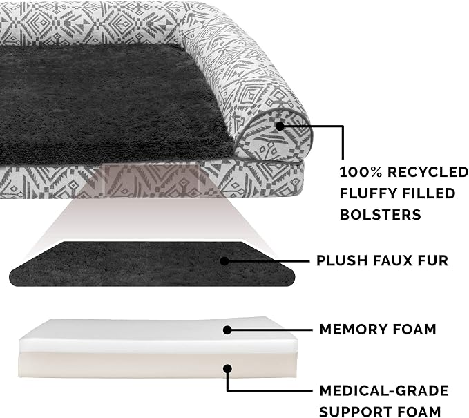 Furhaven Memory Foam Dog Bed for Medium/Small Dogs w/ Removable Bolsters & Washable Cover, For Dogs Up to 35 lbs - Plush & Southwest Kilim Woven Decor Sofa - Boulder Gray, Medium