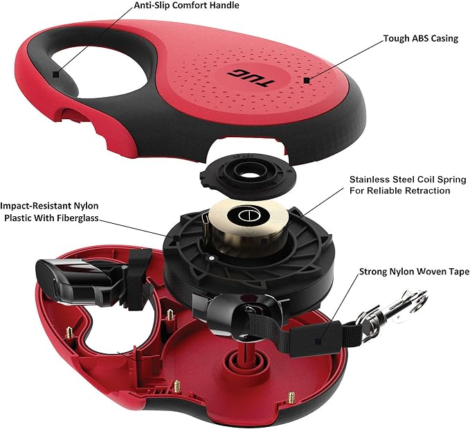TUG Original Retractable Dog Leash, 16 ft (Medium, Red) | 360° Tangle-Free Retraction, 16 ft Tape, Quick Thumb Lock, Anti-Slip Handle, For Dogs Under 55 lbs