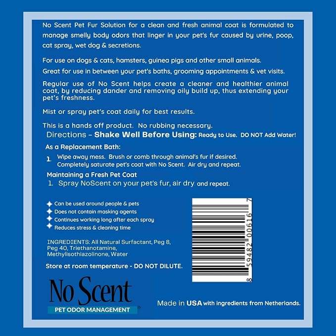 No Scent Pet Fur Odor Spray & Rinseless Cleaner for Dog, Cat, Hamster, Small Animal & Furry Pets (128 Fl Oz / 1 Gallon)