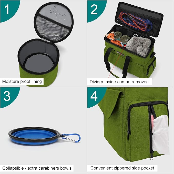 Modoker Dog Travel Bag Weekend Set with Food Containers & Bowls, Green
