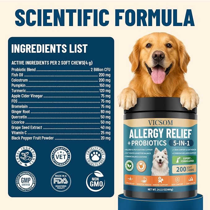 Dog Allergy Chews with Probiotics for Dogs, Dog Itching Skin Relief, 200 Ct
