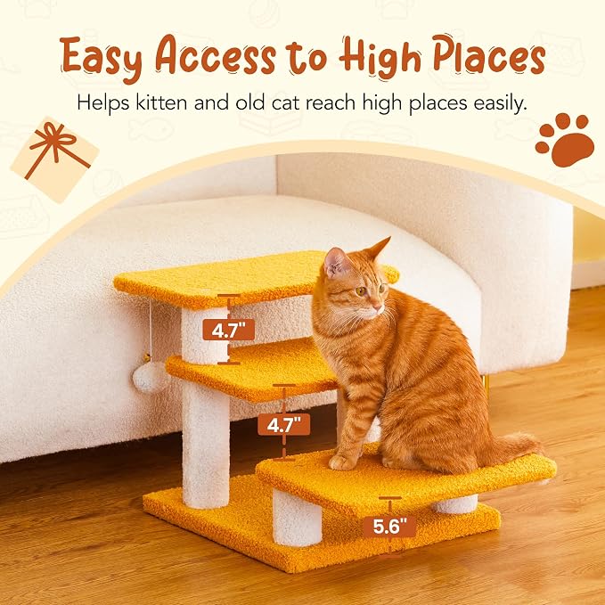 15''H Multi-Step Pet Stairs for High Beds & Sofas, 3-Step Cat Stairs with 2 Toy Balls, Wide Boards for Indoor Kittens Dogs Pets Climbing, Yellow