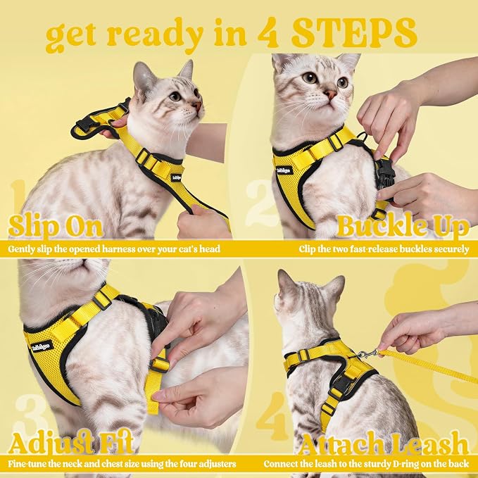 rabbitgoo Cat Harness and Leash Set, Escape Proof Vest, Yellow | Soft Breathable Mesh, Easy Adjustable Fit, Snap Buckles, Sturdy Clip, Reflective Strips, for Small & Average Cats Walks, Xs