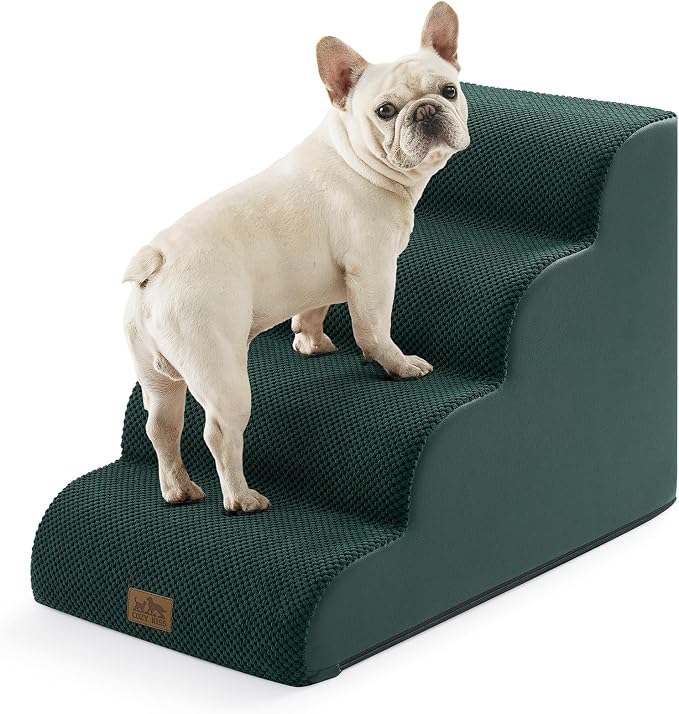 COZY KISS Wide Dog Stairs for Small Dog 19.7" H, Pet Step for Puppy, Older Cat, Curved Ramp for Bed, Durable Anti-Slip Ladder with High Density Foam, 4 Step, 17.7x28x19.7 inch, Dark Green