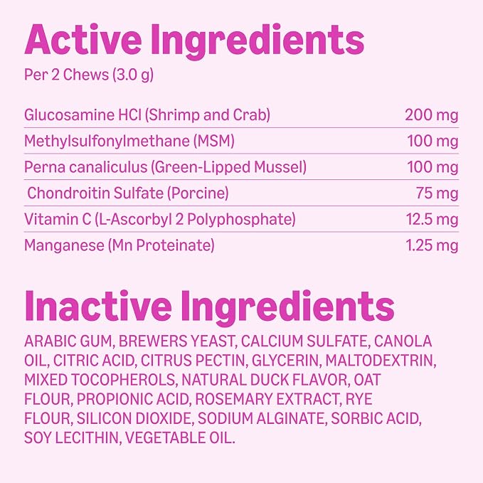 Amazon Basics Dog Hip & Joint Daily Supplement Chews with Glucosamine, MSM, and Vitamin C, Duck Flavored, 60 Count, Packaging May Vary
