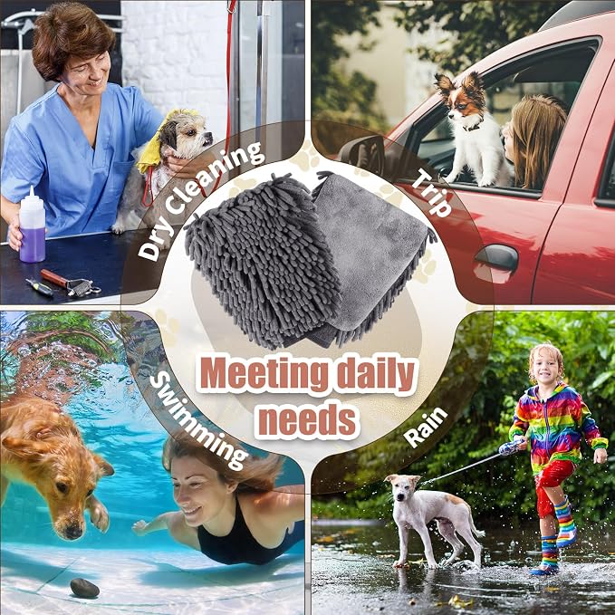 Teenyyou 2 Pcs Dog Towel Mitt Dry Bath Gloves Chenille Microfiber Paws Clean Pet Hair Washing Gloves Dog Grooming Mitts Bath Supplies for Cats Rabbits Horses Suitable for Long/Short/Poodle Fur(Grey)