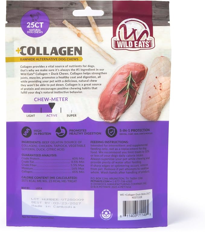 Wild Eats Real Duck Collagen Bully Sticks for Dogs (25 Pack,5 Inch) Long Lasting Dog Chews No Hide Dog Treat Bully Stick Alternative, Rawhide Free, Grain Free, High Protein