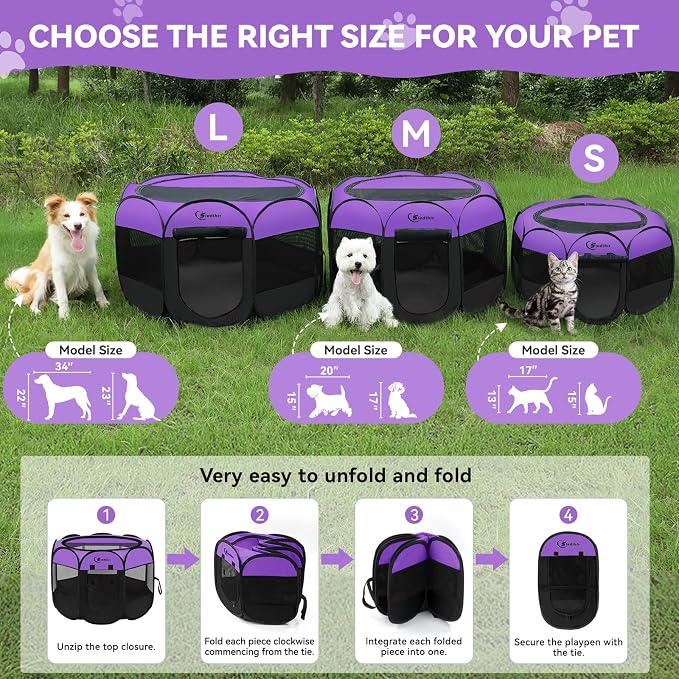 Siedihit Dog Cat Playpen, Puppy Pet Playpen, Small Dogs Tent Crates Cage Indoor/Outdoor, Portable Pop Up Dog Kennel Playpen with Carrying Case for Dogs/Cats/Rabbits,Purple