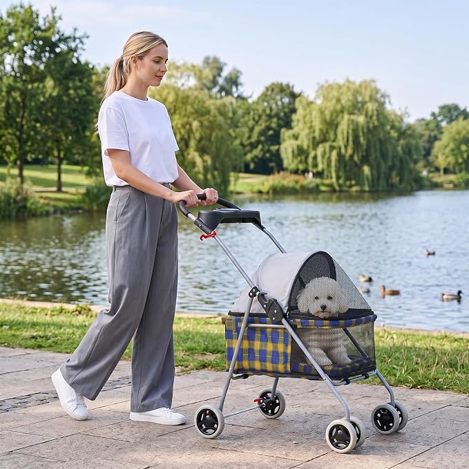 BestPet 4-Wheel Foldable Pet Stroller - Yellow Plaid, up to 33lbs