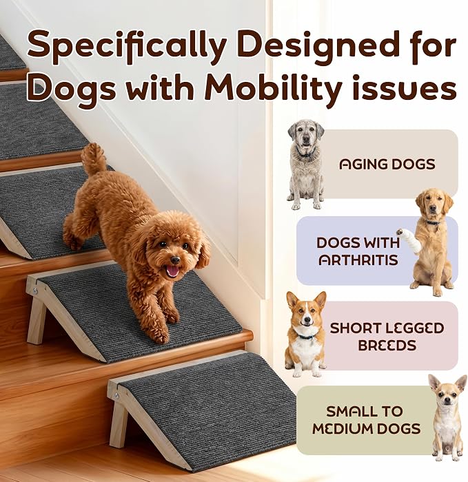 Wooden Dog Ramp for Stairs, 4.3"/5.5" Height Adjustable Pet Ramp with Non-Slip Carpet Surface, Small Dog Step Ramp for Indoor Stairs, Entryway & Porch, Supports Senior Dogs & Cats (1-Pack)