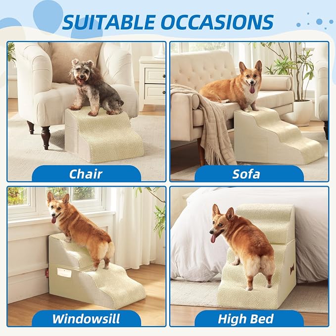 Dog Stairs for Small Dogs and Cats, 2 Steps Pet Stairs to Get on Couch Sofa and Chair, Indoor Non-Slip Balanced Portable Pet Step, High-Density Foam Ramp with Removable Washable Cover, Beige（11.8" H）