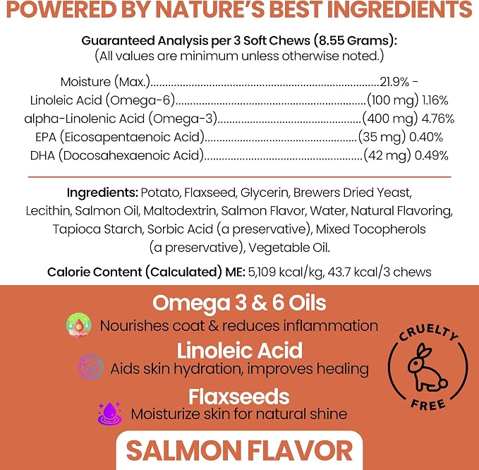 Omega 3 Fish Oil for Dogs, Salmon Flavor - 180 Soft Chews for Skin and Coat