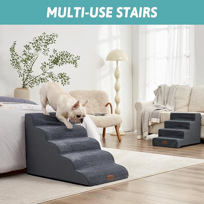 COZY KISS Wide Dog Stair for Small Dog 22.6" H, 5 Step Pet Ramp for Bed | Curved Stable Dog Step for Puppy, Older Cat, Senior, Medium, Short-Legged Dog, Non-Slip Ladder for Car, Charcoal Grey
