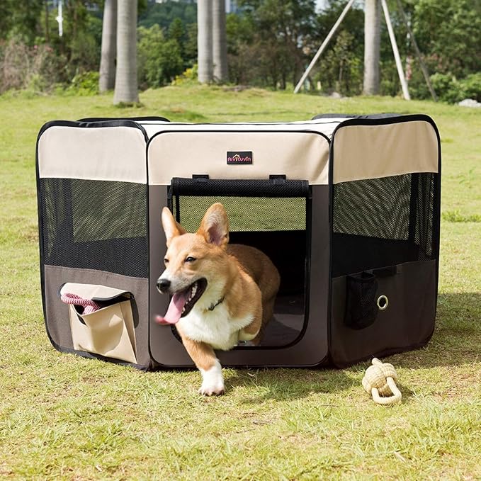 Aivituvin Dog Playpen with Carrying Bag, Removable Shade Cover, Brown, M