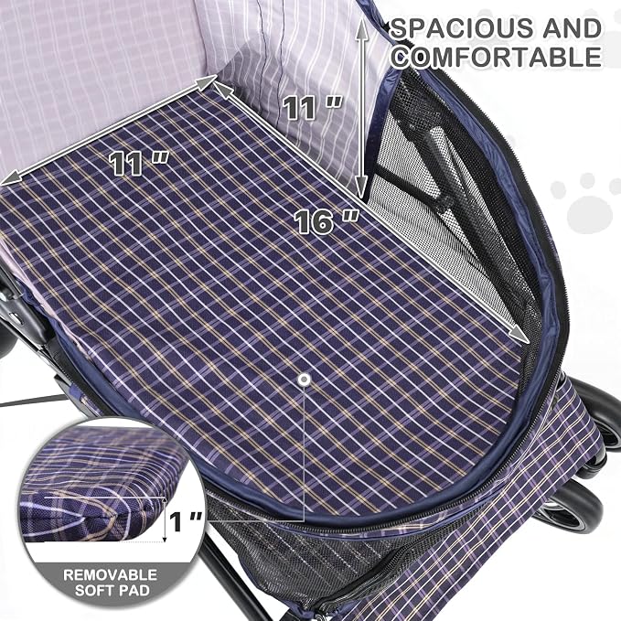 MoNiBloom 4-Wheel Foldable Pet Stroller - Plaid, up to 22lbs