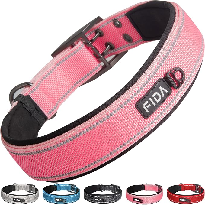 Fida Heavy Duty Dog Collar for Large Dogs with Metal Belt Buckle, Pink | 1.5" Width, Soft Neoprene Padded, Thicker Nylon Webbing, Adjustable Fit, Reflective Stitching for Night Safety