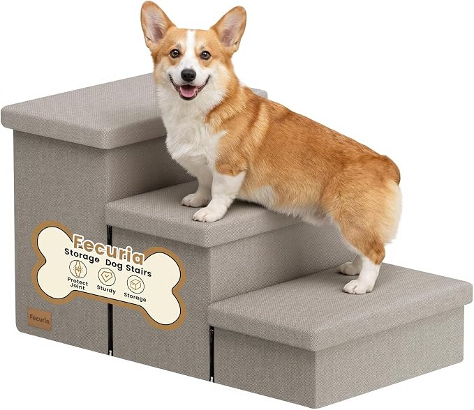 3-Step Wide Dog Stairs with Hidden Storage 18" H, Non-Slip Dog Steps for High Bed Couch Window Car, Jiont-Friendly Pet Stairs Ramp for Small/Medium/Large Old Dogs Cats Up to 220lbs, Grey