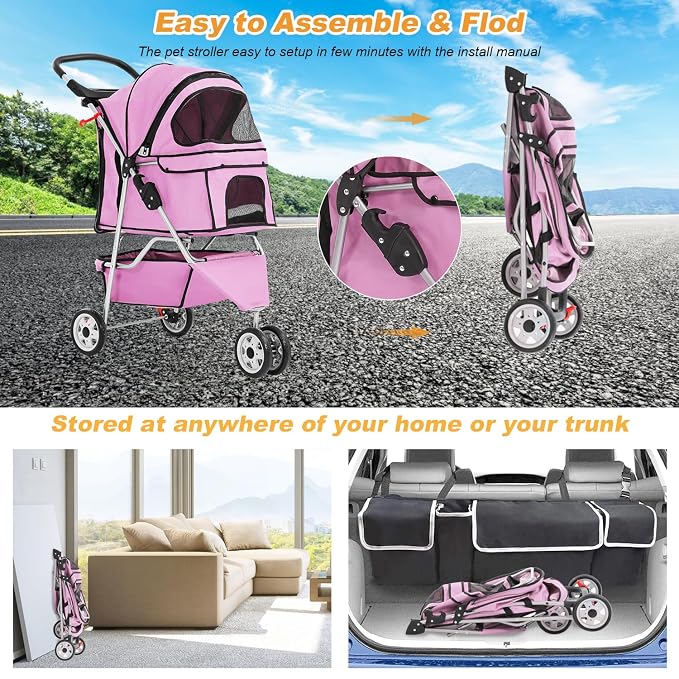 BestPet 3-Wheel Jogger Pet Stroller - Pink, Cup Holder & Removable Liner