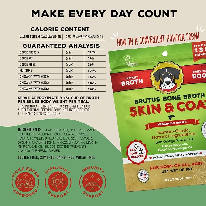 Brutus Broth Dog Food Topper - Instant Broth Powder with Omegas 3,6,9 from Microalgae Oil for Skin and Coat - Human-Grade Quality, Serve Dry or Wet - Vegetable Flavor, 3.5 oz (Pack of 1)