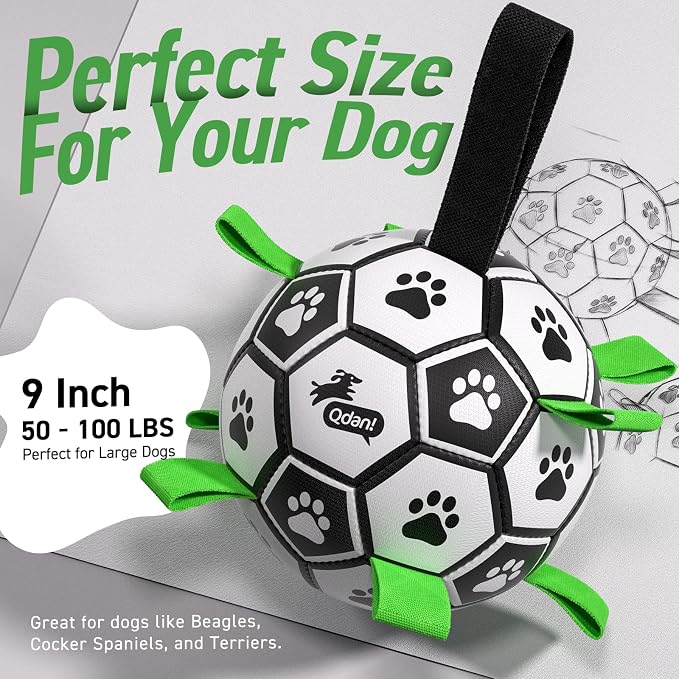 QDAN Large Dog Toys, Soccer Ball for Dogs with Straps, 9 Inch Big Dog Ball | Training Soccer Balls for >90 lbs Dogs, Giant Herding Ball for Dogs, Interactive Water Pool Toys for Tug Chase, Dog Birthday
