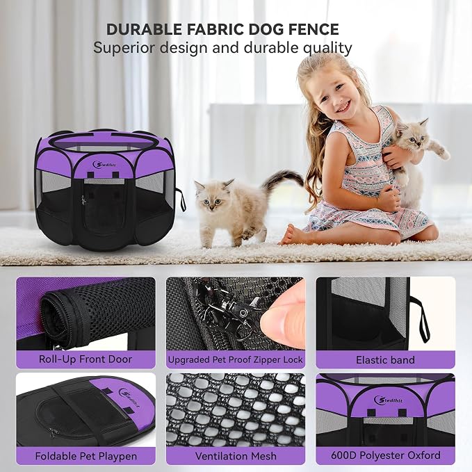 Siedihit Dog Cat Playpen, Puppy Pet Playpen, Small Dogs Tent Crates Cage Indoor/Outdoor, Portable Pop Up Dog Kennel Playpen with Carrying Case for Dogs/Cats/Rabbits,Purple