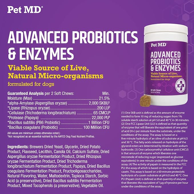 Pet MD Probiotics & Enzymes for Dogs - Gut Health Chews w/Prebiotic - 60ct
