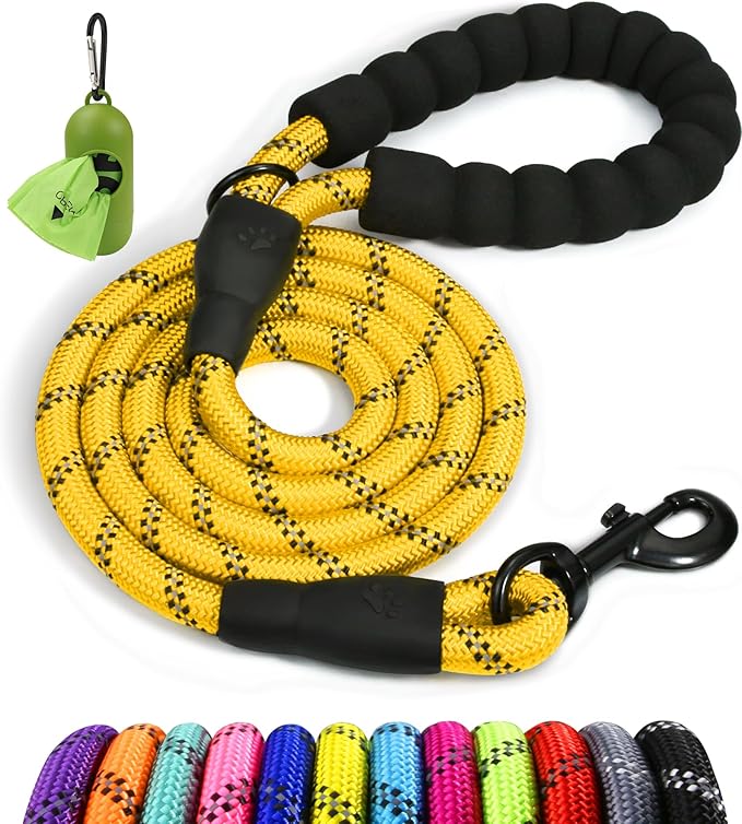 Taglory Rope Dog Leash for Medium Large Dogs, 5 FT Padded Handle, Yellow | Climbing Rope for Strong Pullers, Reflective for Night Walks and Training, Comfortable Grip, Anti-tangle Swivel Clip 1/2 inch