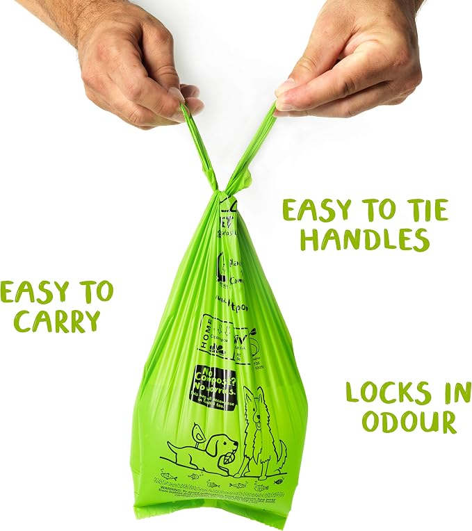 PLANET POOP Home Compostable Dog Poop Bags Extra Long with Handles | Large Single Roll 200 Count Grab & Go | Un-scented Waste Bag | Leakproof Doggy & Cat Bags | Plant-Based Pet Supplies