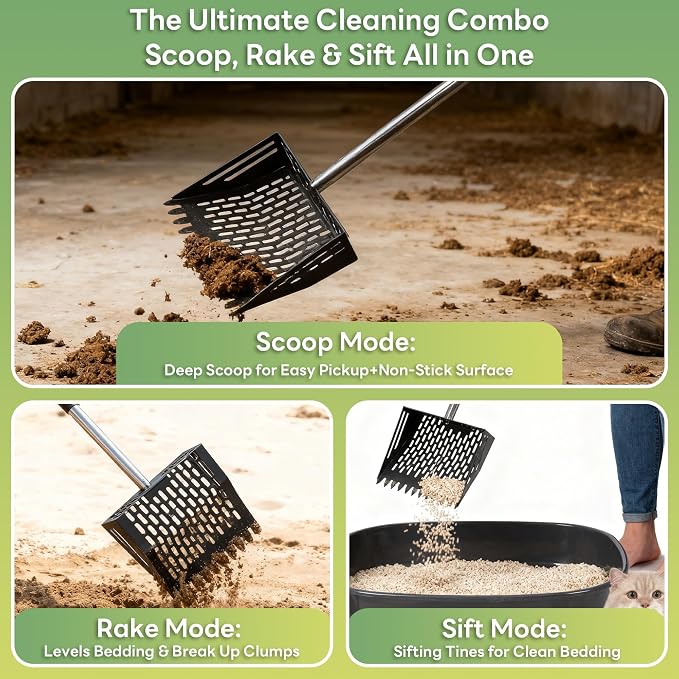 Chicken Poop Scooper & Rake 2-in-1, Adjustable 24'' to 66'' Metal Sand Sifting Shovel for Coop Cleaning, Effortless for Chicken Duck Rabbit Cages, Cat Litter, Fire Ash, Saving Time & Energy